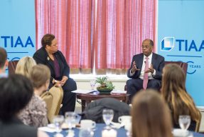 Audrey Murrell and Roger Ferguson talk at his fireside chat