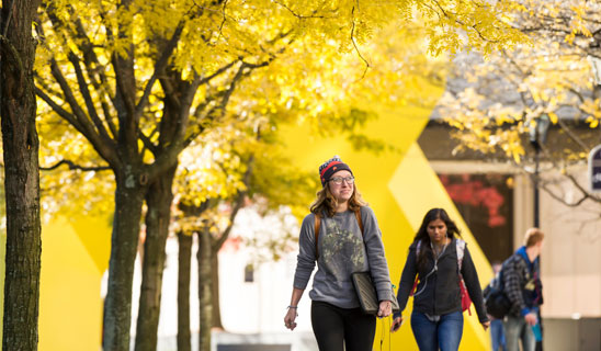 Students walk on campus in the fall